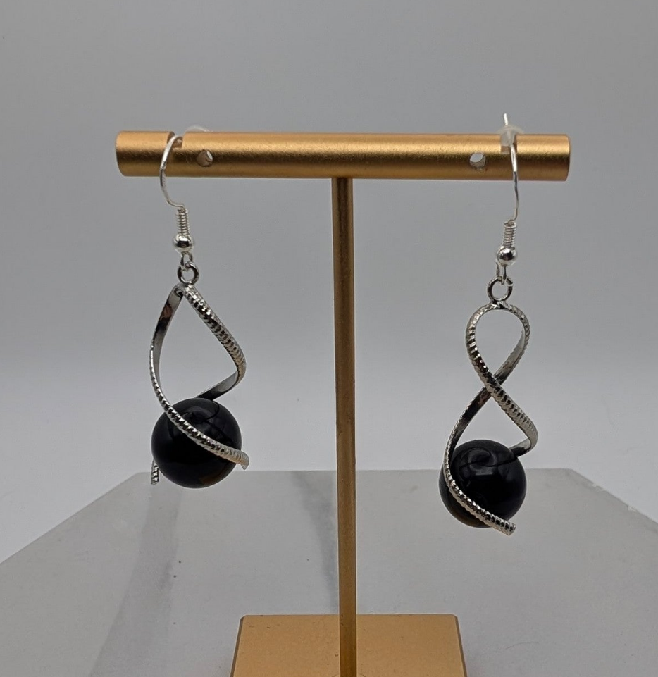 Black Onyx Silver Twist Dangle Earrings