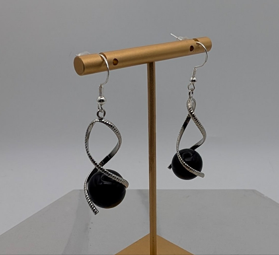 Black Onyx Silver Twist Dangle Earrings