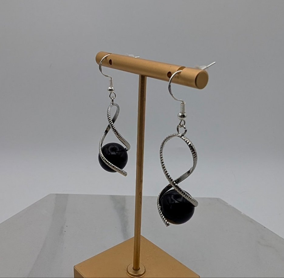 Black Onyx Silver Twist Dangle Earrings