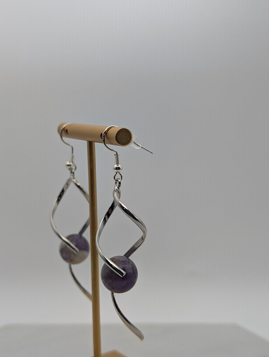 Sage Amethyst Silver Twist Dangle Earrings
