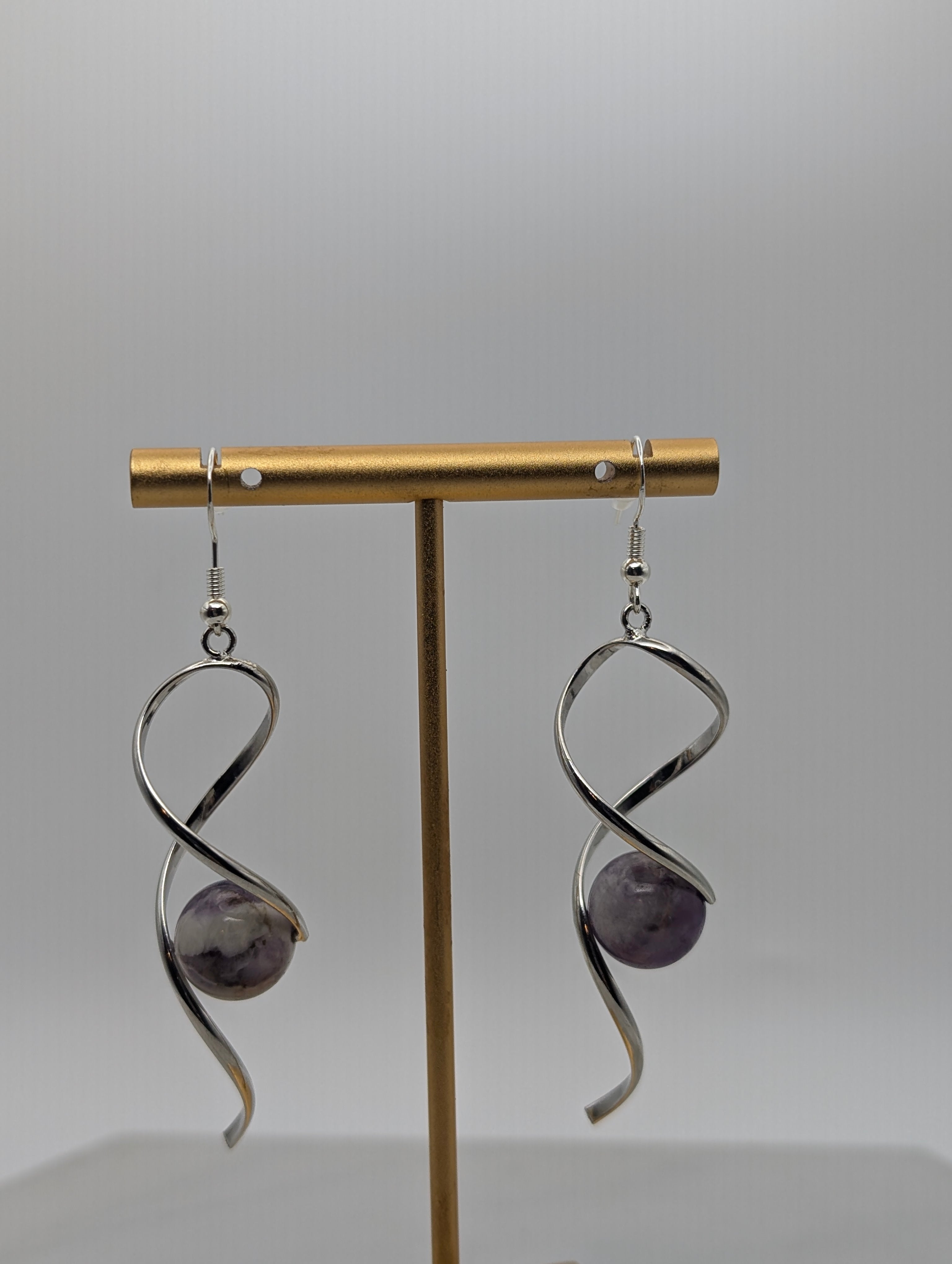 Sage Amethyst Silver Twist Dangle Earrings