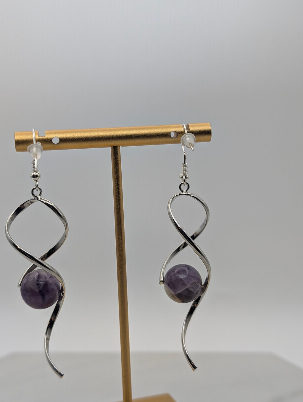 Sage Amethyst Silver Twist Dangle Earrings
